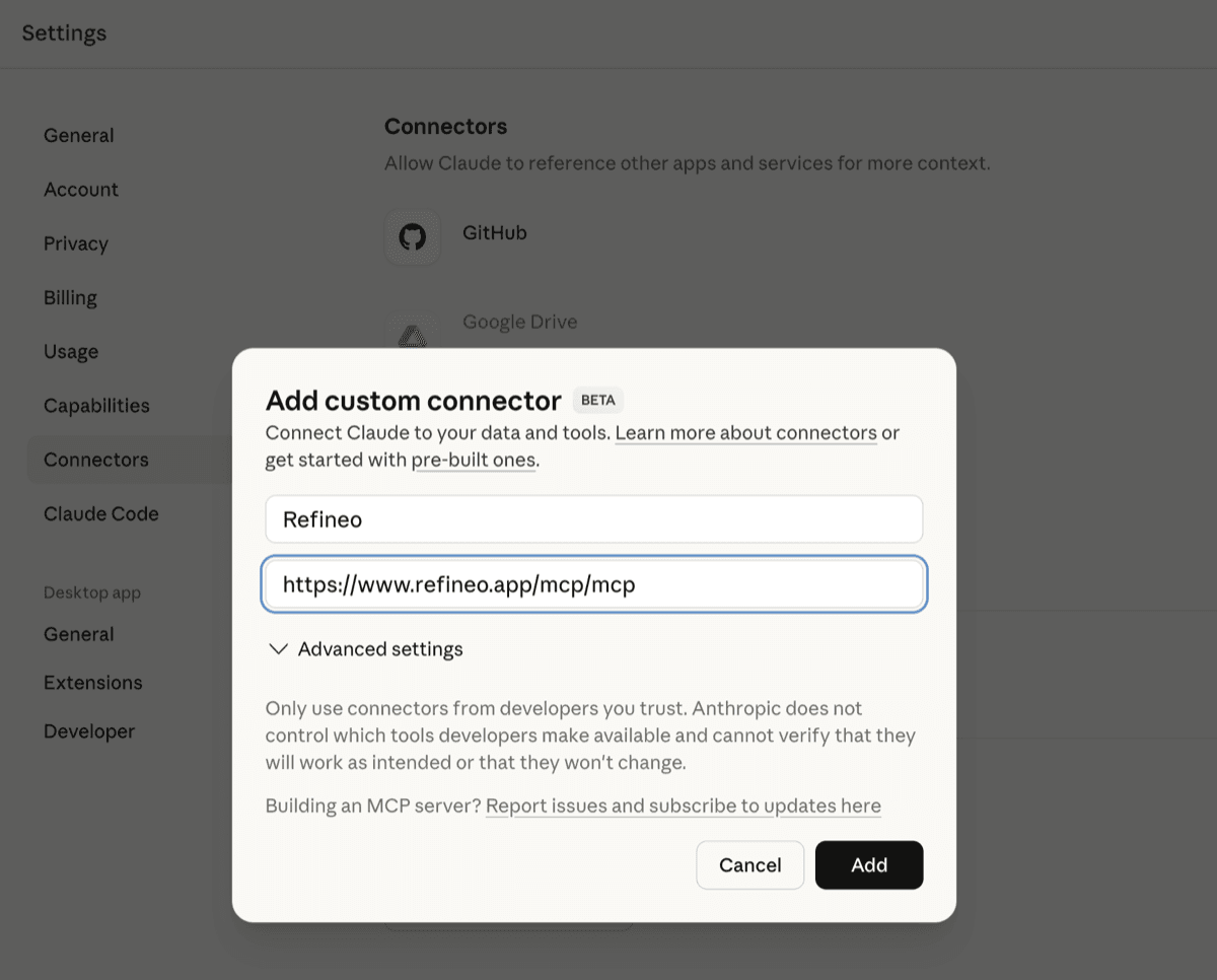 Add Refineo connector in Claude Desktop