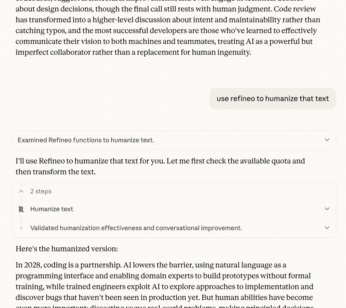 Humanizing text with Refineo in Claude Desktop